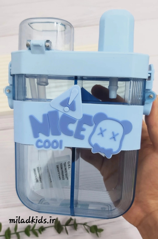 نمای پشت قمقمه دومخزنه کودک نایس کول رنگ آبی