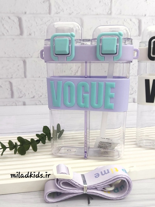 قمقمه کودک دو مخزنه نی دار و آسان نوش رنگ بنفش با بند پارچه ای قابل تنظیم