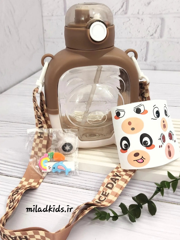 قمقمه خرسی قهوه ای با بند پارچه ای بلند قابل تنظیم