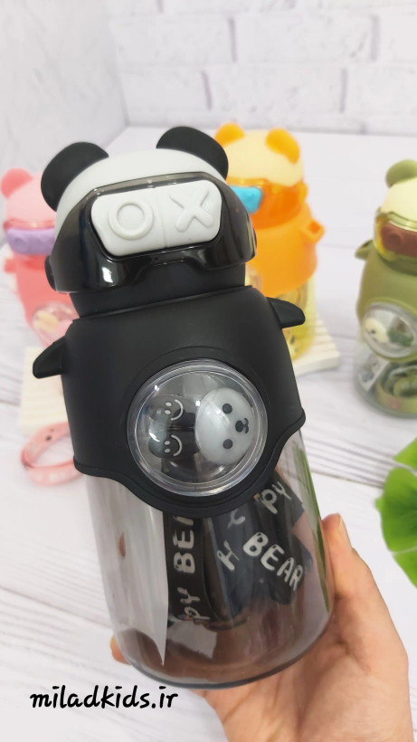 قمقمه وارداتی نی دار طرح خرسی رنگ مشکی