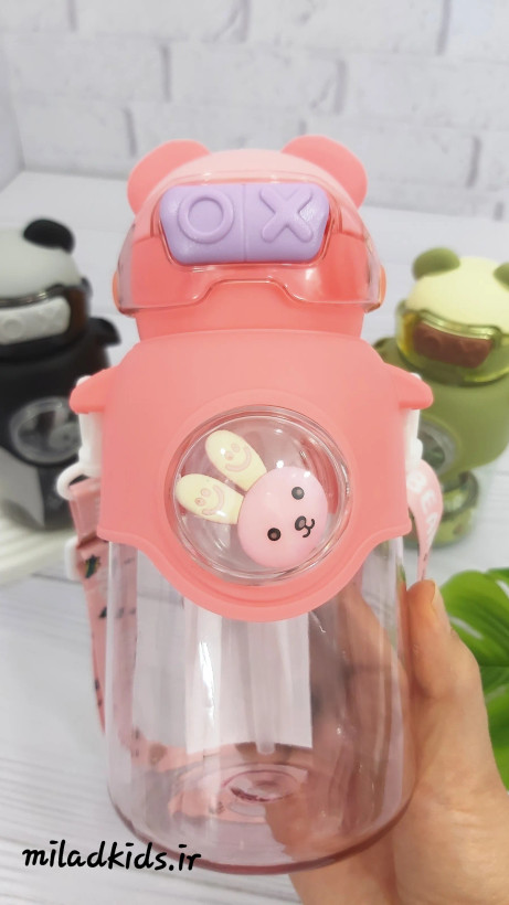 قمقمه صورتی نی دار کودک مدل خرسی استیکر دار
