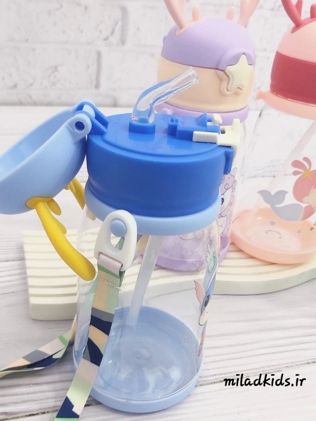 قمقمه کودک شاخ گوزنی رنگ آبی درب باز- نی سیلیکونی