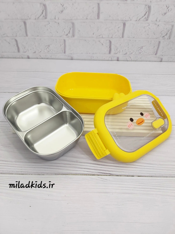 ظرف غذای کودک داخل استیل طرح جوجه-ظرف استیل و درب جدا شده