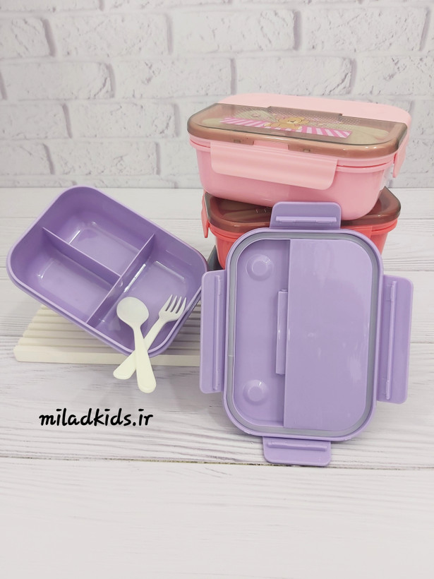 ظرف غذای کودک سه قسمتی بنفش درب واشر دار همراه با قاشق و چنگال