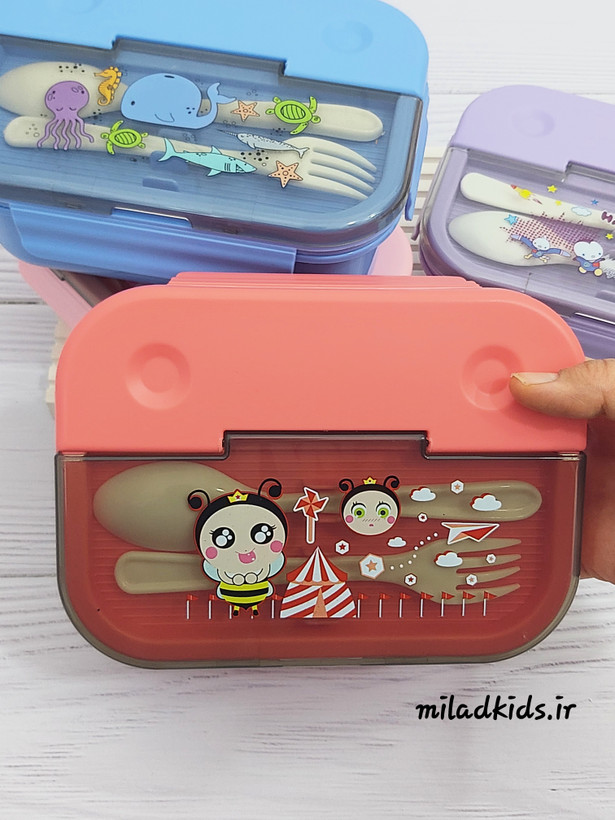 ظرف غذای بچگانه گلبهی سه قسمتی همراه با قاشق و چنگال طرح روی درب زنبور عسل