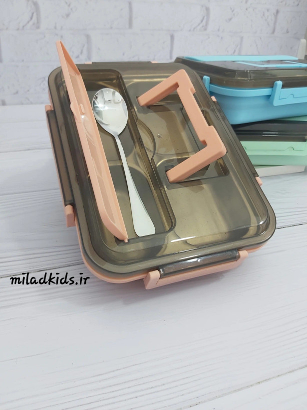 ظرف غذای چهار قسمتی داخل استیل رنگ گلبهی روشن همراه با محفظه جداگانه برای قاشق