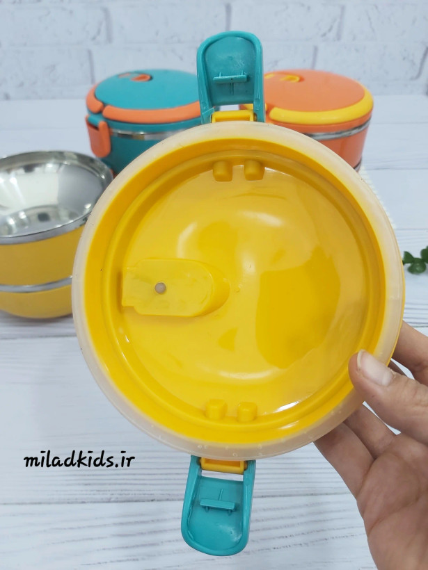 درب ظرف غذای دوطبقه داخل استیل رنگ زرد واشر دار