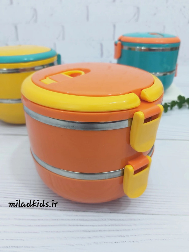 ظرف غذای دوطبقه داخل استیل رنگ نارنجی