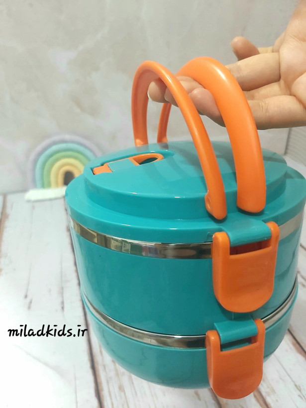 ظرف غذای دوطبقه داخل استیل رنگ آبی دارای دو دسته