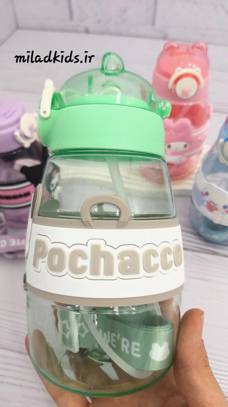 قمقمه دور سیلیکونی نی دار طرح پوچاکو نمای پشت محصول