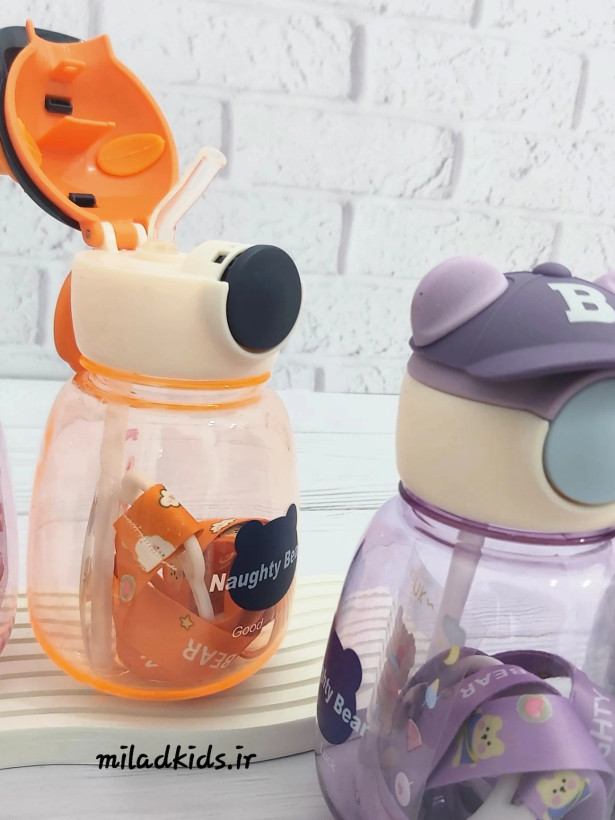 نی نوش سیلیکونی قمقمه فانتزی کودک خرسی Naughty bear با کلاه بیسبال رنگ نارنجی