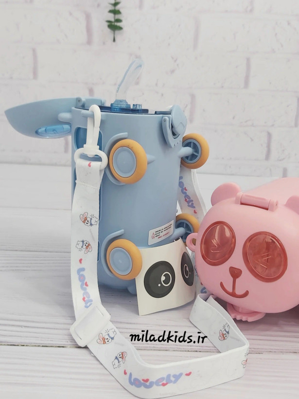 قمقمه فانتزی کودک مینی بوسی طرح پاندا رنگ آبی درب باز نی نوش سیلیکونی