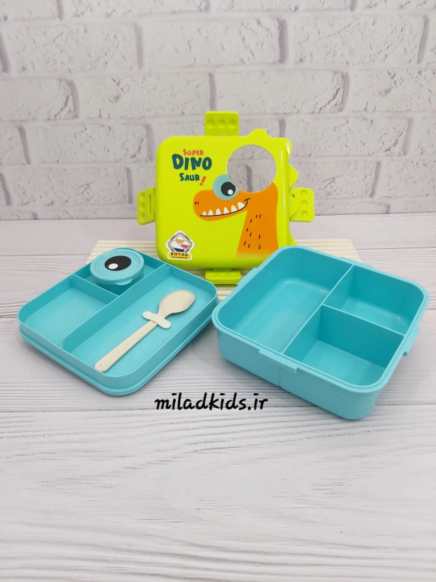 ظرف غذای کودک طرح دایناسوری رنگ فسفری-آبی به صورت باز شده همراه با قاشق پلاستیکی و ظرف سس جداگانه