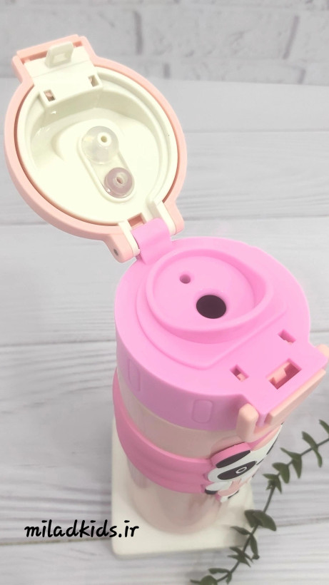 فلاسک دو حالته داخل استیل فانتزی طرح پاندا رنگ صورتی درب آسان نوش باز شده