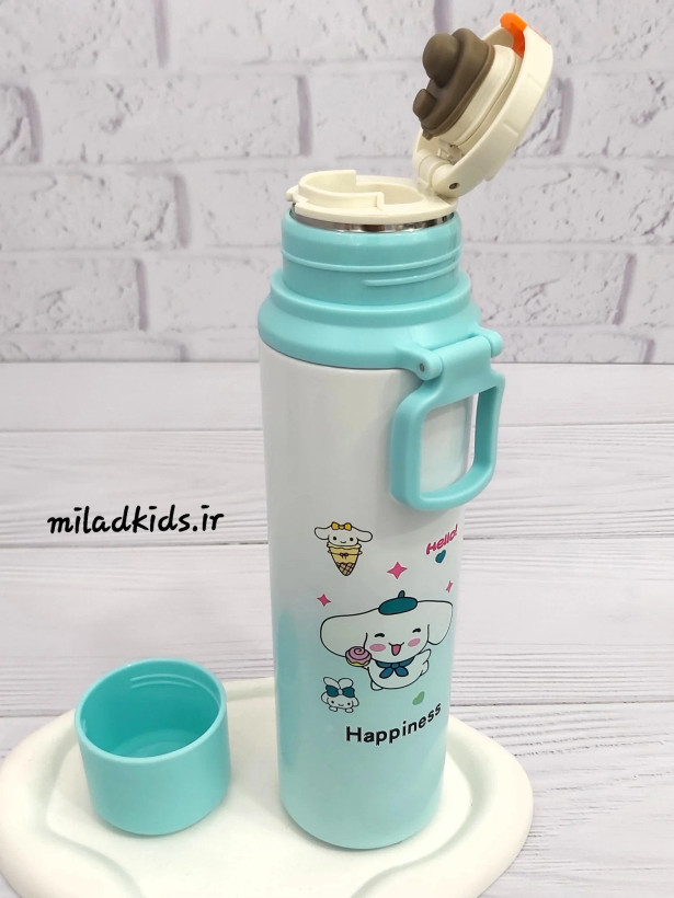 فلاسک فانتزی کودک داخل استیل پاستیلی عروسکی happiness رنگ آبی درب باز و لیوان همراه با فلاسک