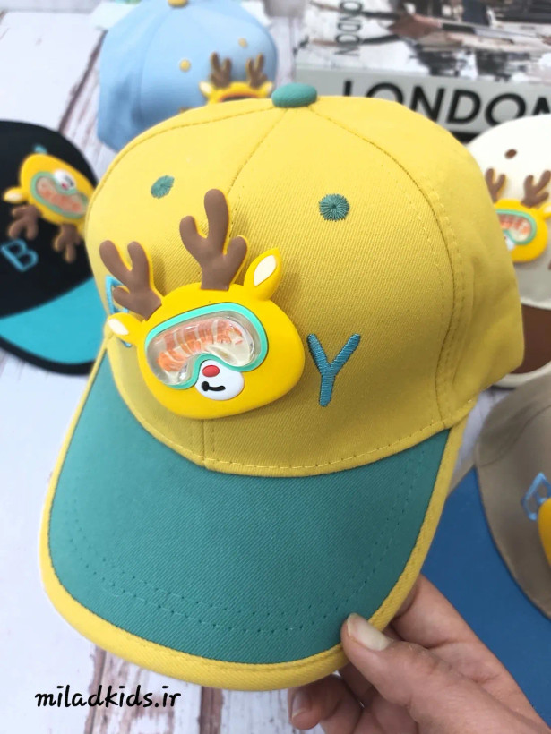 رنگ خردلی_سبز کلاه بچگانه کودک مدل عروسک گوزنی برجسته متحرک