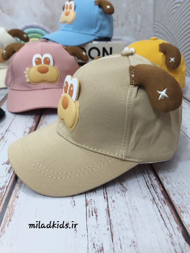 کلاه کتان بچگانه بیسبالی شش ترک طرح سگ گوش دار رنگ کرم