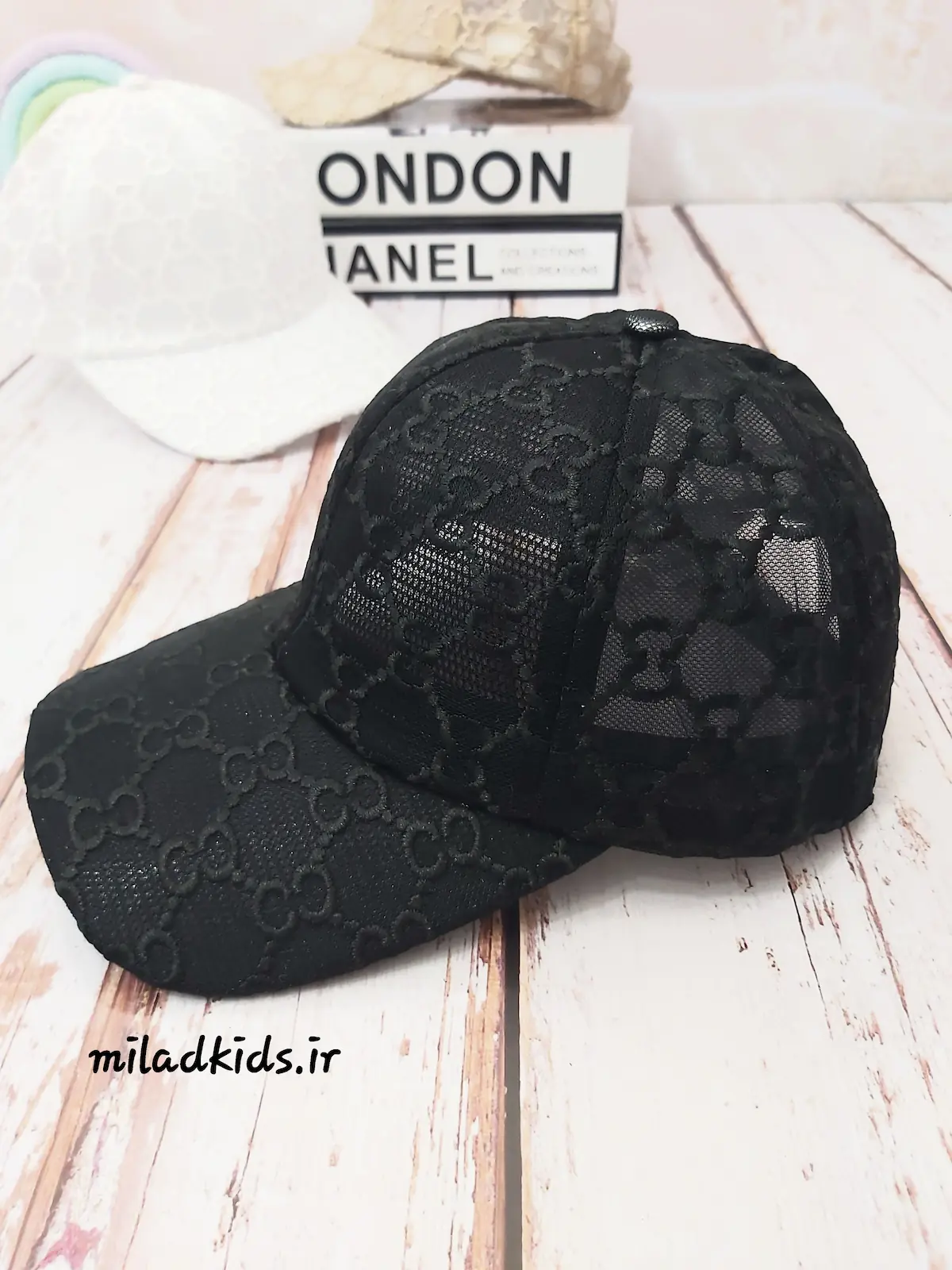 کلاه دخترانه کپ تمام توری طرح GUCCI رنگ مشکی