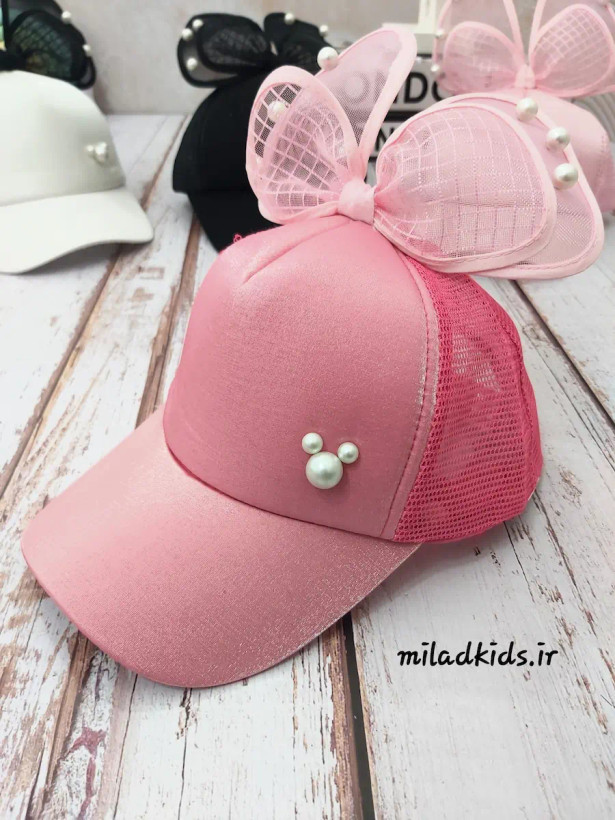 کلاه کپ دخترانه میکی موس پاپیون دار پشت توری رنگ صورتی پررنگ