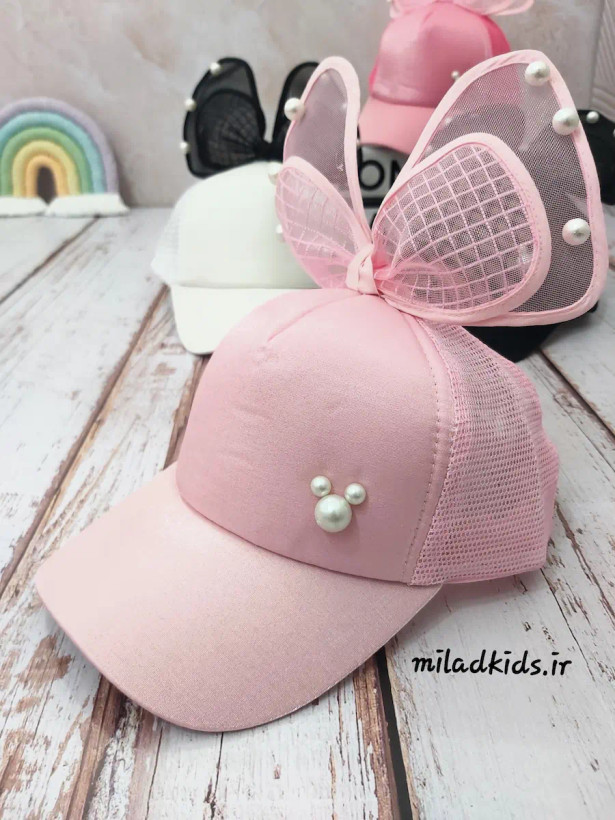 کلاه بیسبالی دخترانه پاپیون دار پشت توری وارداتی رنگ صورتی کمرنگ