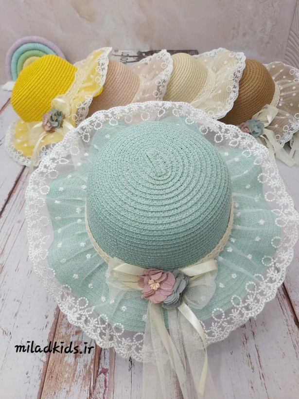 کلاه لبه دار ساحلی بچگانه کنفی وارداتی رنگ سبز پاستیلی