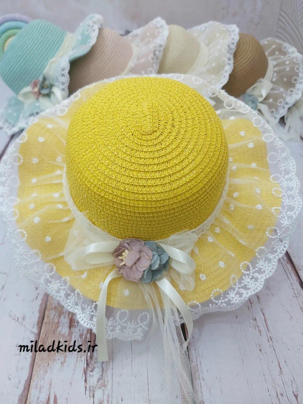 کلاه لبه دار ساحلی دخترانه حصیری توری رنگ زرد