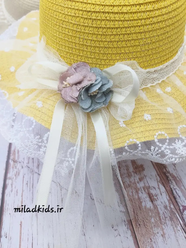 گل و پاپیون توری کلاه لبه دار ساحلی دخترانه حصیری توری