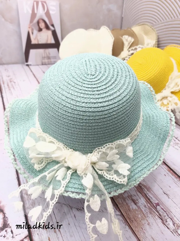 کلاه لبه پهن ساحلی دخترانه با پاپیون توری رنگ سبز پاستیلی