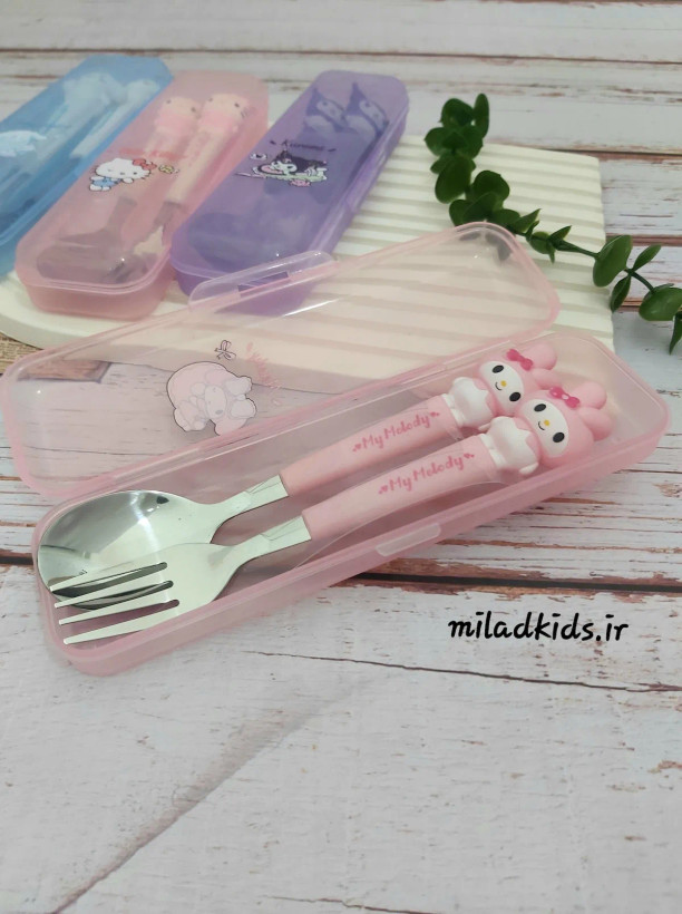 ست قاشق چنگال کودک استیل دسته عروسکی طرح ملودی با جعبه باز ا جعبه باز