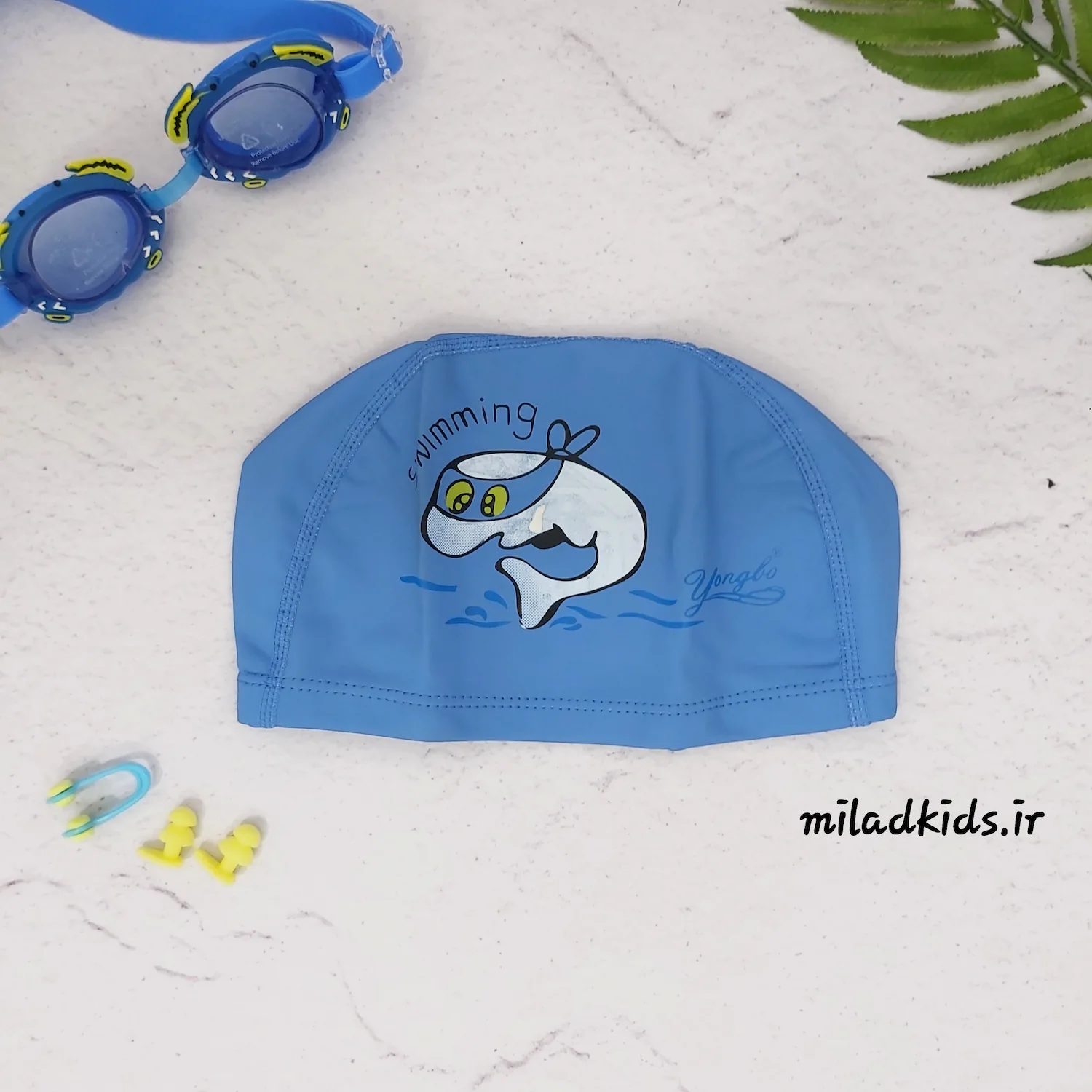 کلاه شنای بچه گانه یونگبو (YONGBO) - PU طرح کوسه آبی
