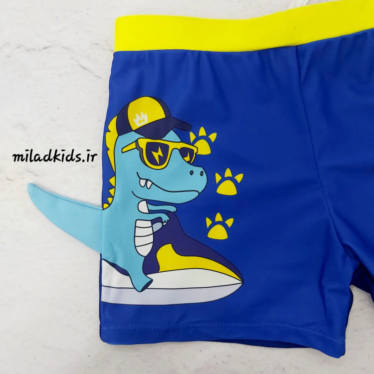 طرح دایناسور مایو شنا پسرانه پادار همراه با کلاه رنگ آبی تیره و دم سه بعدی