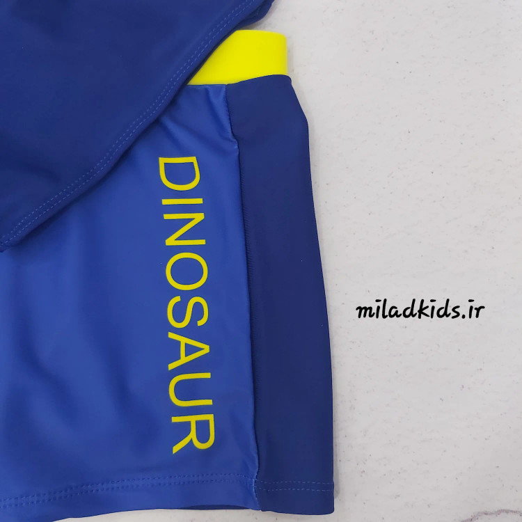 نوشته دایناسور سمت چپ شورت مایویی پسرانه پادار همراه با کلاه رنگ آبی تیره