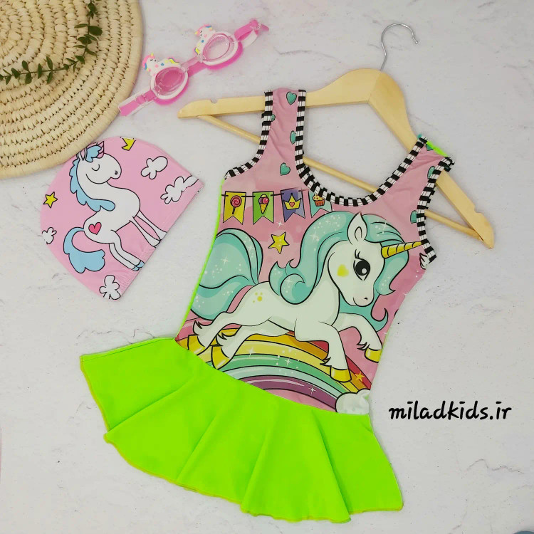 مایو شنا دامنی دخترانه speedo طرح اسب تک شاخ سبز فسفری