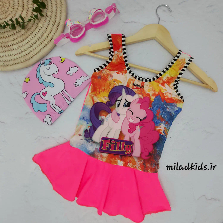 مایو شنا بچه گانه دخترانه دامنی اسپیدو طرح پونی های کارتونی