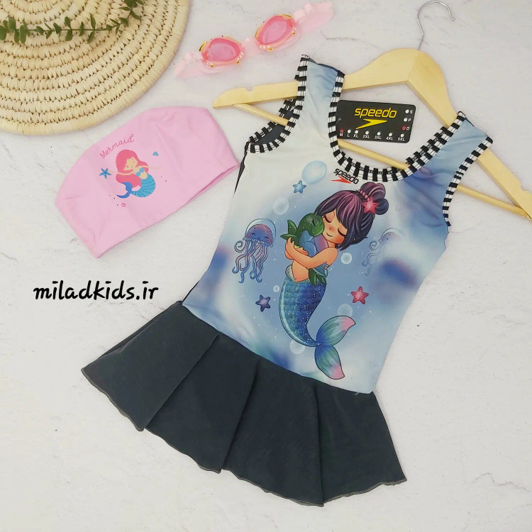 مایو شنا دخترانه دامنی برند اسپیدو طرح پری دریایی رنگ طوسی