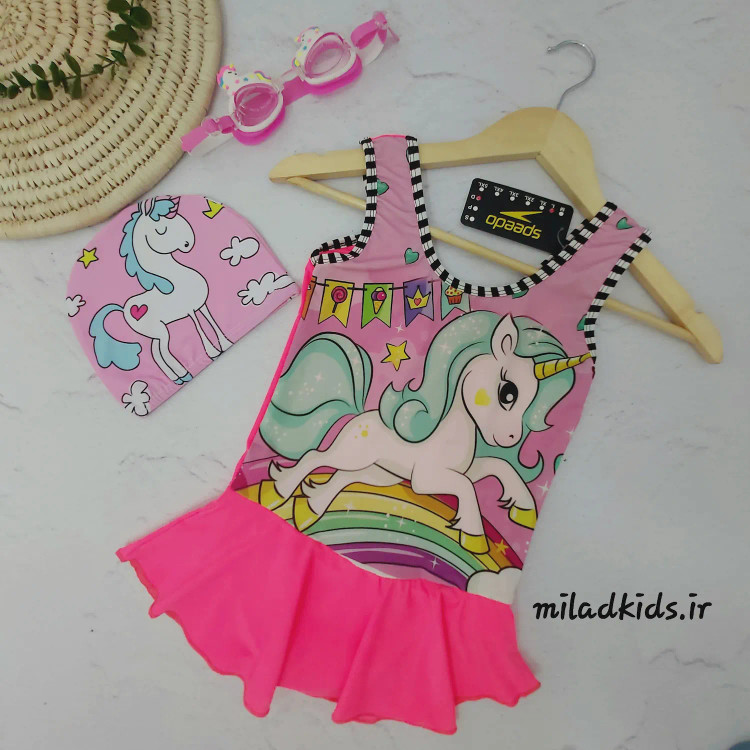 مایو شنا بچگانه وارداتی دخترانه دامنی طرح اسب تک شاخ صورتی