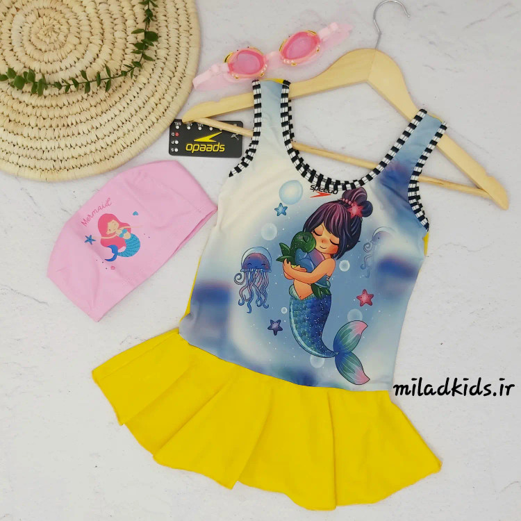 مایو بچه گانه دخترانه دامنی وارداتی طرح پری دریایی زرد