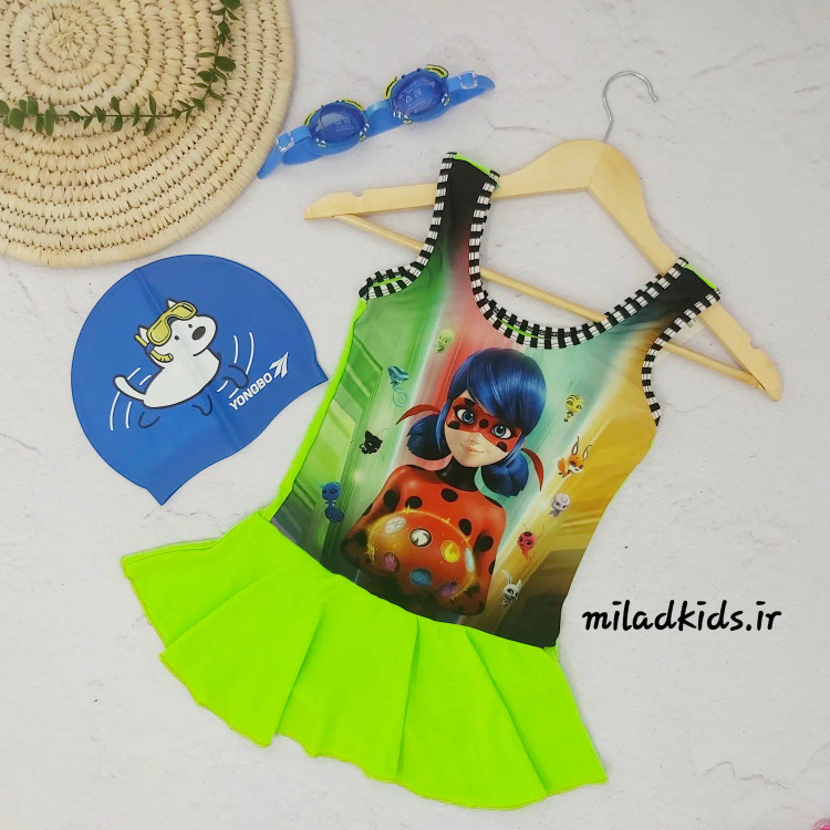 مایو شنای کودک دخترانه دامنی speedo طرح دختر کفشدوزکی رنگ شبز فسفری
