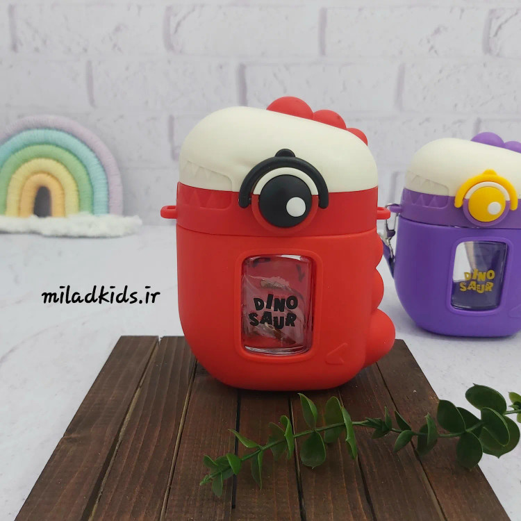قمقمه کودک دایناسوری دور سیلیکونی نی نوش رنگ قرمز