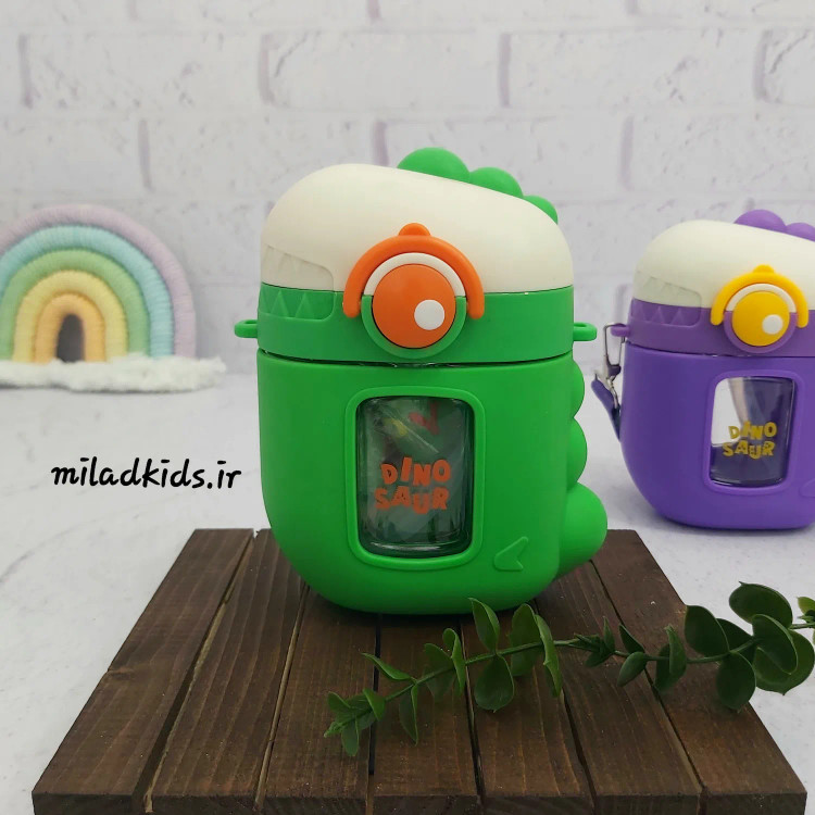 قمقمه بچه گانه دایناسوری دور سیلیکونی نی دار رنگ سبز