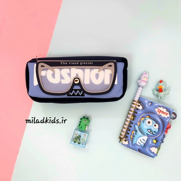 جامدادی دو زیپ مدرسه ای طرح عینک رنگ آبی