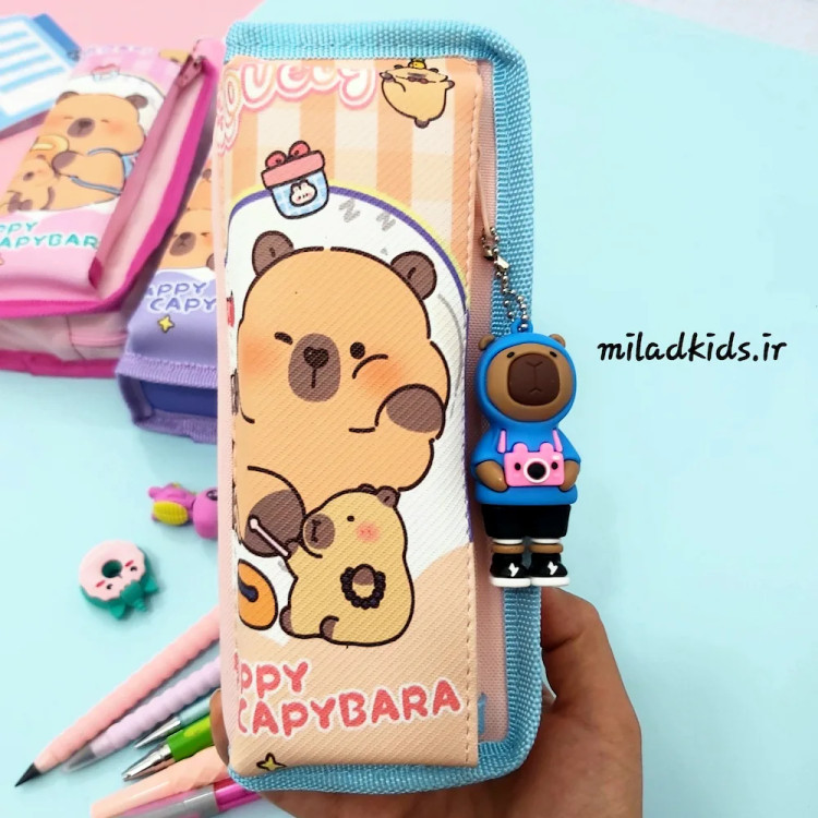 جامدادی بچه گانه دو جیب با آویز سیلیکونی کاپی بارا رنگ گلبهی