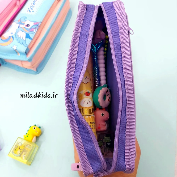 فضای داخلی زیپ بزرگ جامدادی بچه گانه دو زیپ تک شاخ قفل دار رنگ بنفش