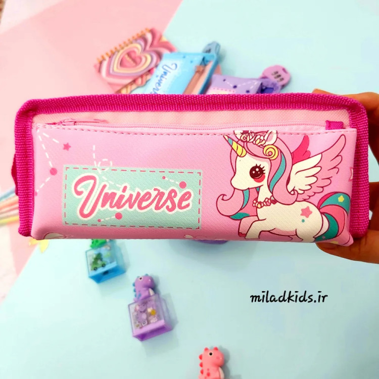 جامدادی بچه گانه دو زیپ مدل تک شاخ رنگ صورتی