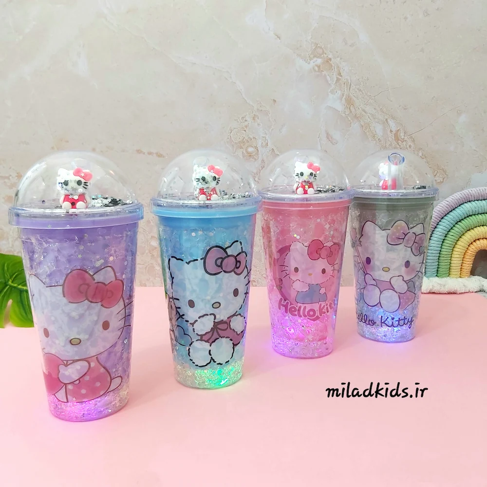چراغ روشن ماگ اسموتی 2جداره ژل دار چراغ دار طرح کیتی
