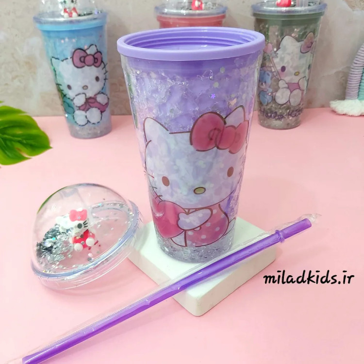 ماگ اسموتی دو جداره ژلدار چراغدار طرح کیتی رنگ یاسی درب باز همراه با نی