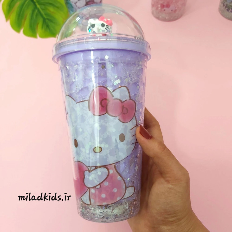 ماگ اسموتی دوجداره ژل دار چراغ دار طرح کیتی رنگ یاسی