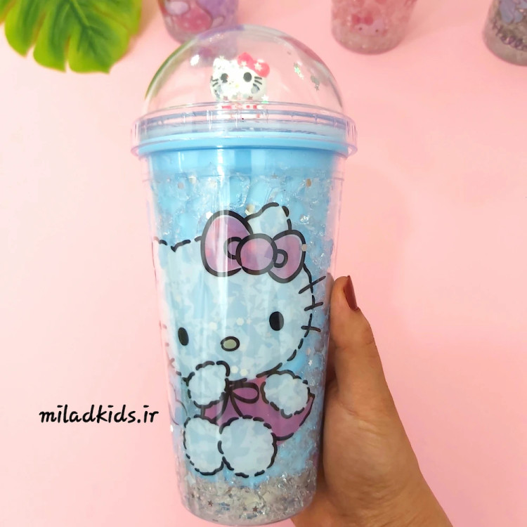 ماگ اسموتی 2 جداره ژل دار چراغ دار طرح کیتی رنگ آبی