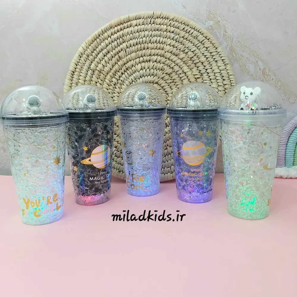 لیوان اسموتی دو جداره ژی دار چراغ دار با چراغ روشن