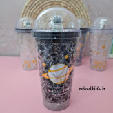 لیوان اسموتی دو جداره ژل دار چراغ دار طرح فضایی رنگ مشکی